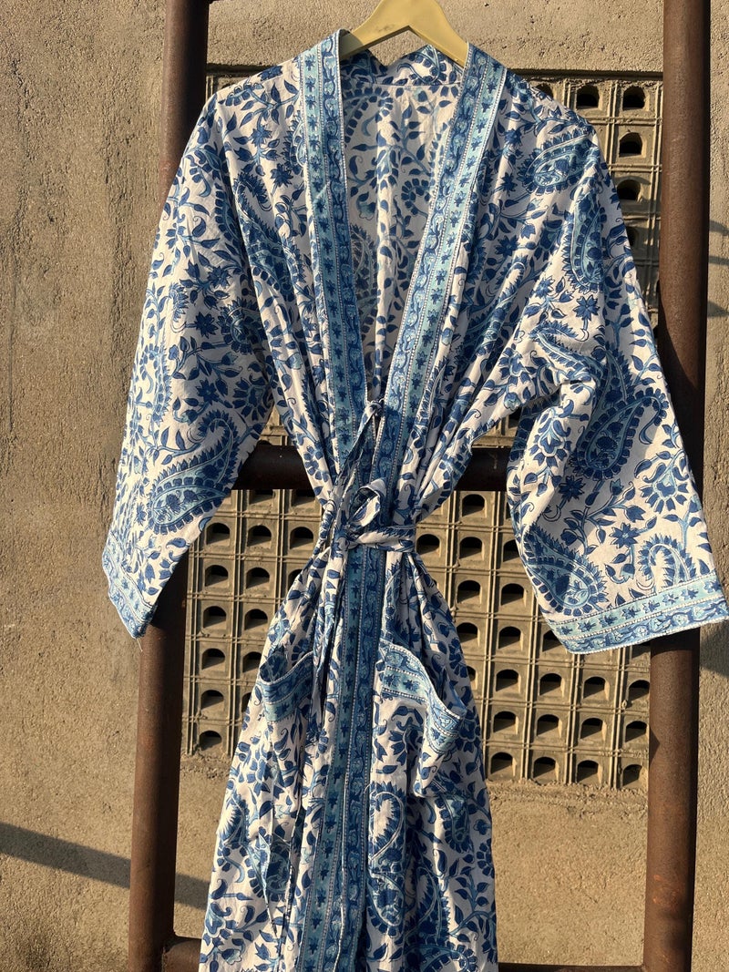 Roots of Jaipur Cotton Kimono Robe: Blue Paisley for Women - Image 1